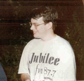 Andy Burnham in June 1994 and Jubilee FM 87.7 T shirt, Redhill, Surrey